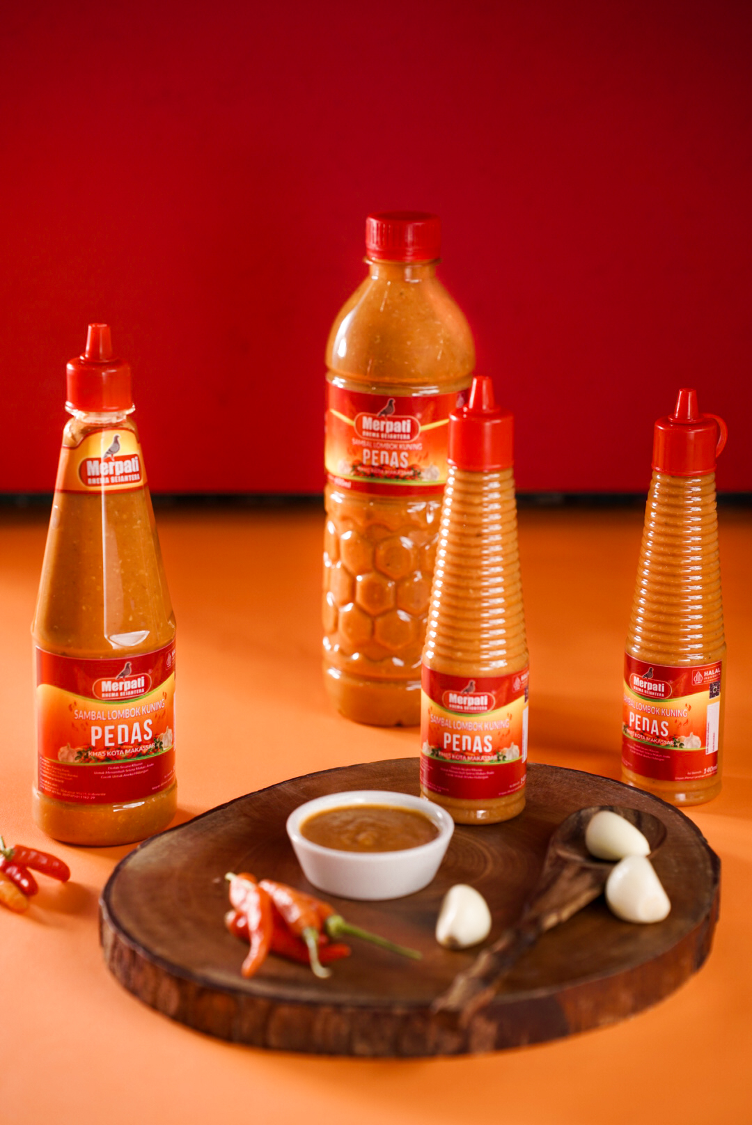 Bottled sambal with serving bowl