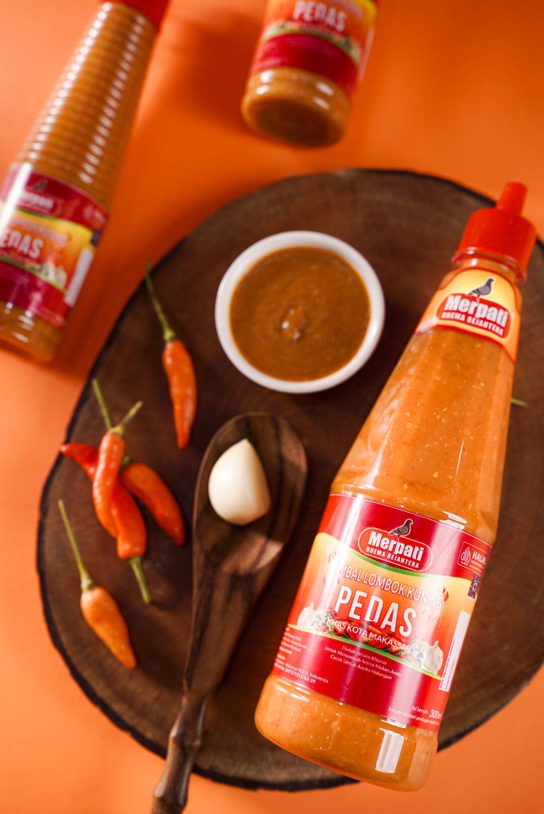 Sambal Merpati bottles and serving bowl
